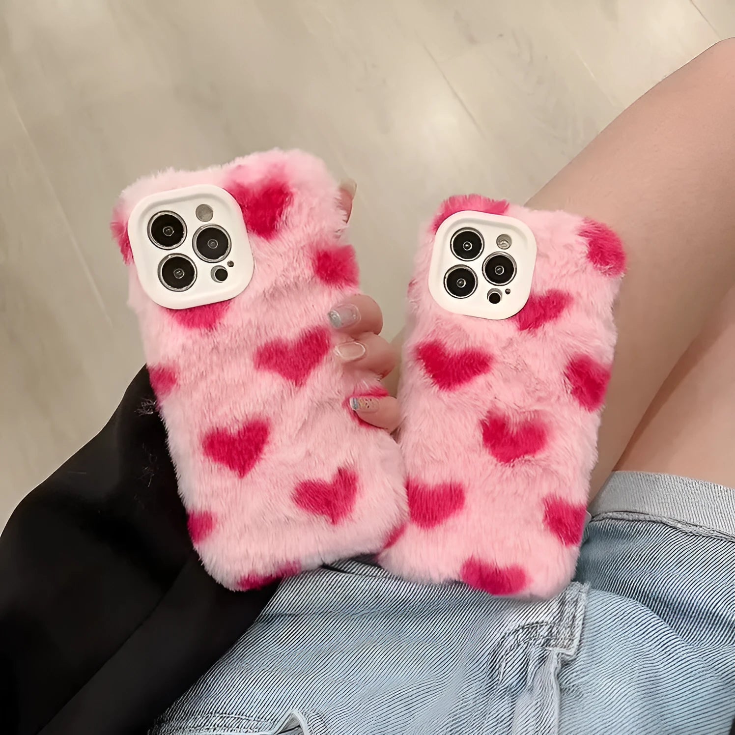 Pink silicone iPhone case with Love Plush cartoon design, shown as a back cover.