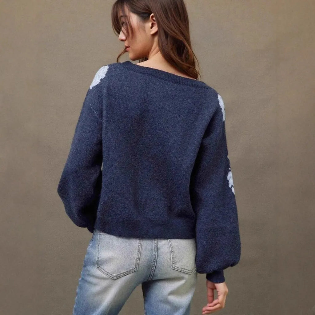 Women's loose casual flower jacquard pullover in sapphire blue with plant pattern