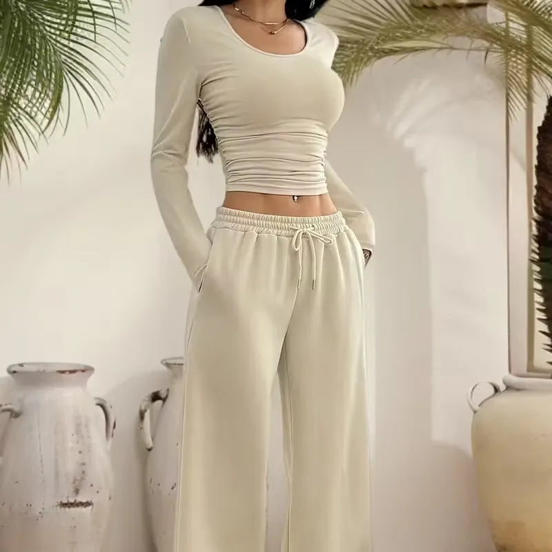 Women's long sleeve solid colour vest pants suit beige white knitted retro two-piece set