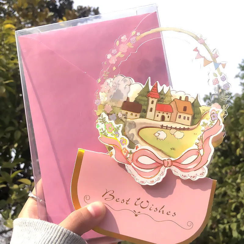 Handmade 3D butterfly-shaped greeting card with artificial flowers in a box, alongside its matching envelope.