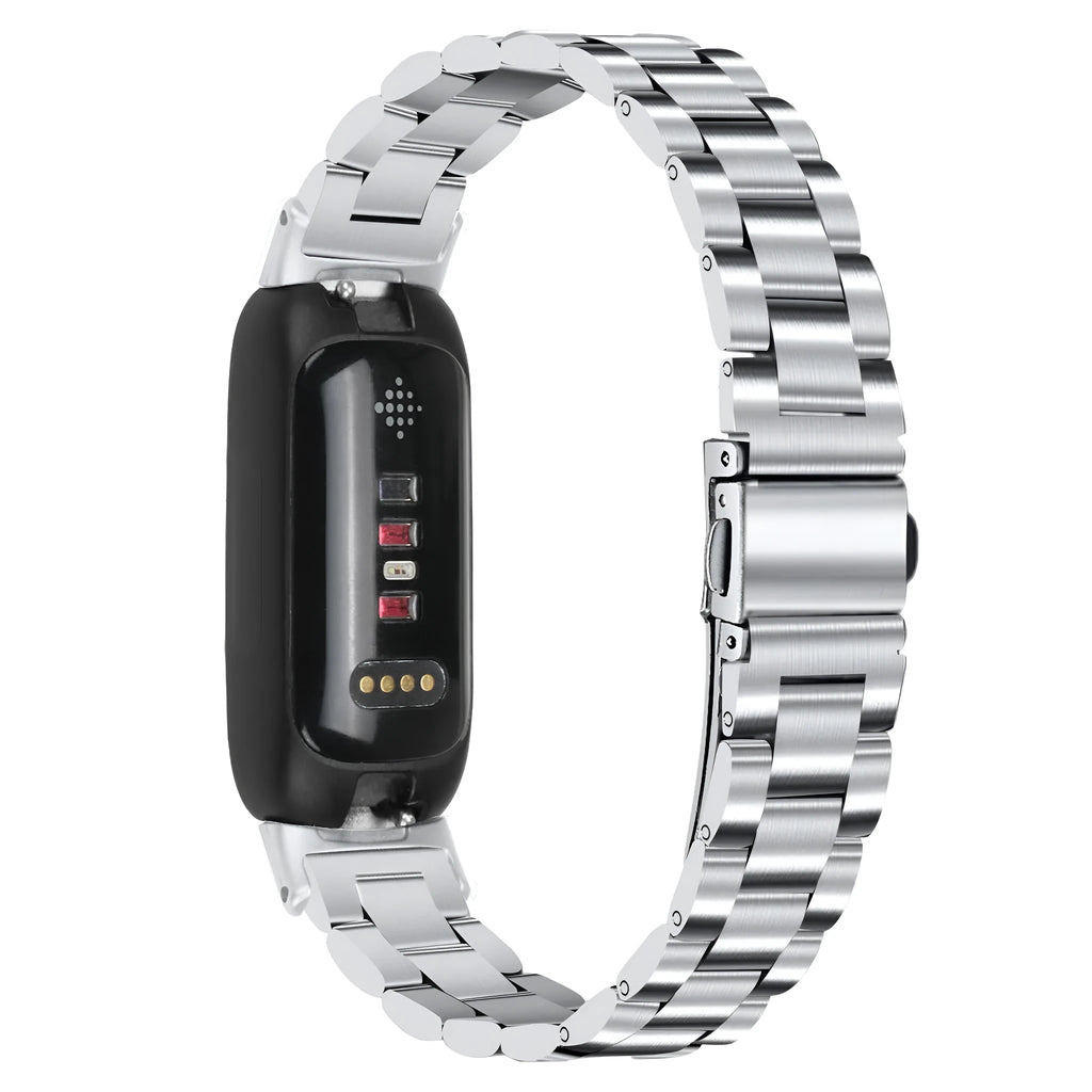 Stainless steel magnetic closure watch strap for Fitbit Inspire 3 in silver, black, gold, and rose gold colours.