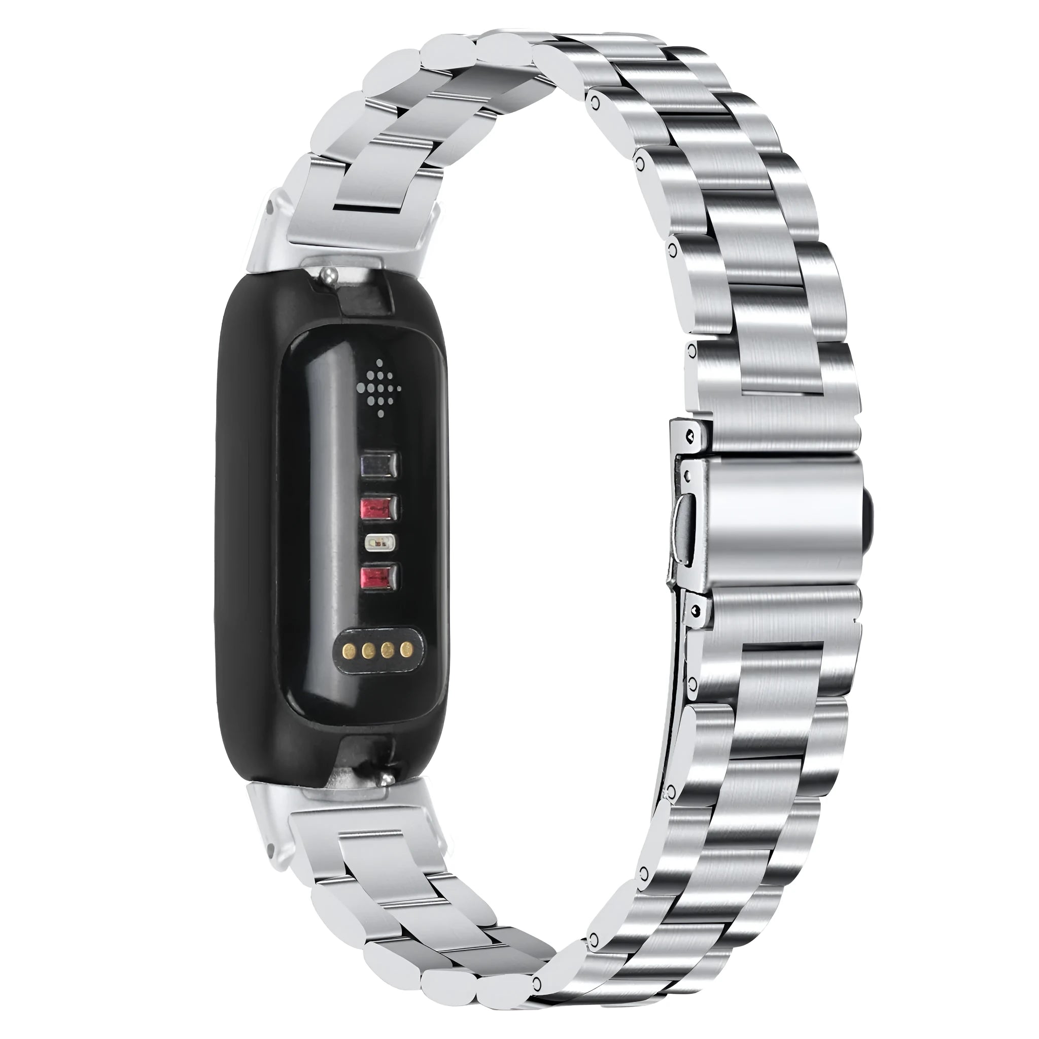 Stainless steel magnetic closure watch strap for Fitbit Inspire 3 in silver, black, gold, and rose gold colours.
