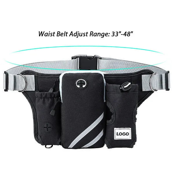 Black outdoor dog walking set with waist bag and adjustable leash on nylon material
