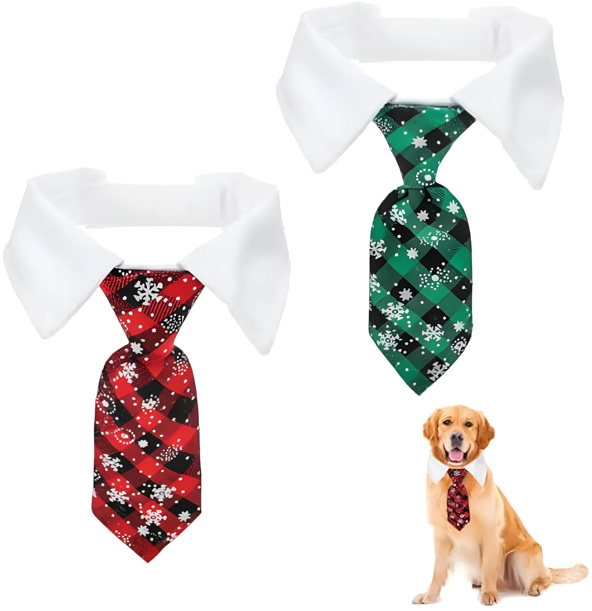 Adjustable Christmas dog necktie in red plaid with snowflake pattern, sized for small medium cats and dogs.