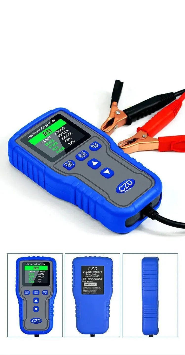 TKM016 car battery tester on a workbench, showing its compact 167x86x32mm size and handheld design