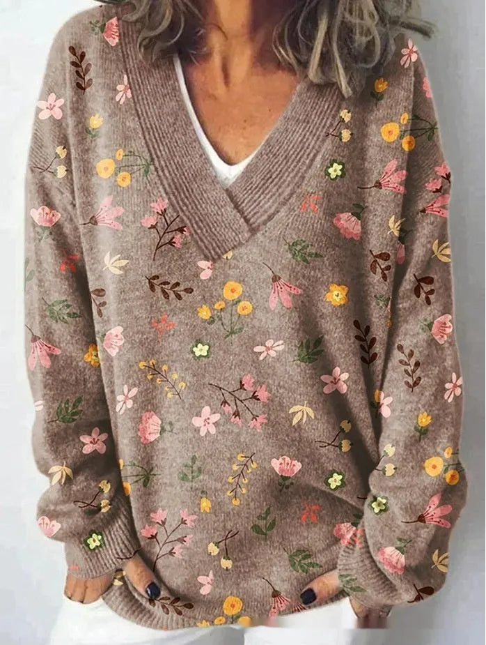 Women's floral pattern printed V-neck sweatshirt with 3D effect and long sleeves in colour E073