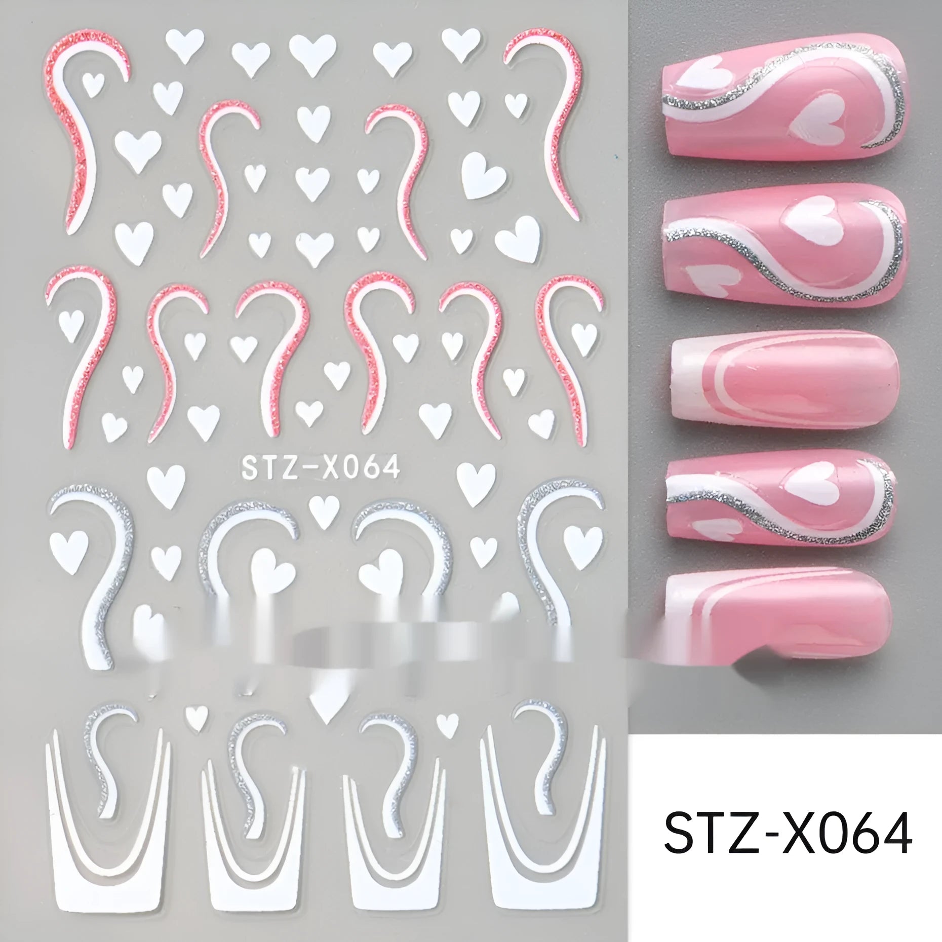 Black and silver stripe nail art sticker with a love pattern design on a plastic sheet.