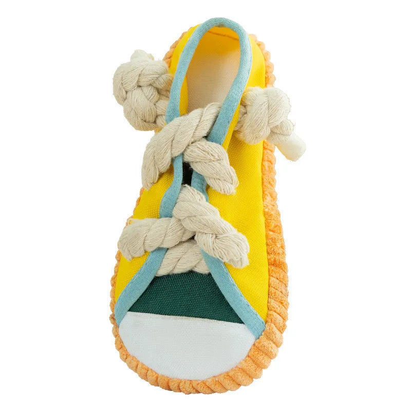 Bite Shoes Sound Pet Toy in Oxford cloth, 7x8x18cm, available in Rock Yellow colour