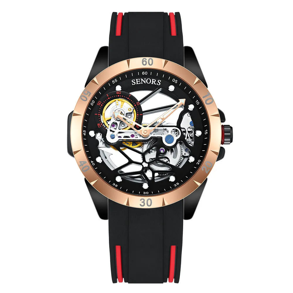 Men's full-automatic watch with open skeleton dial in rose golden blue colour, business style.