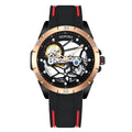 Men's full-automatic watch with open skeleton dial in rose golden blue colour, business style.