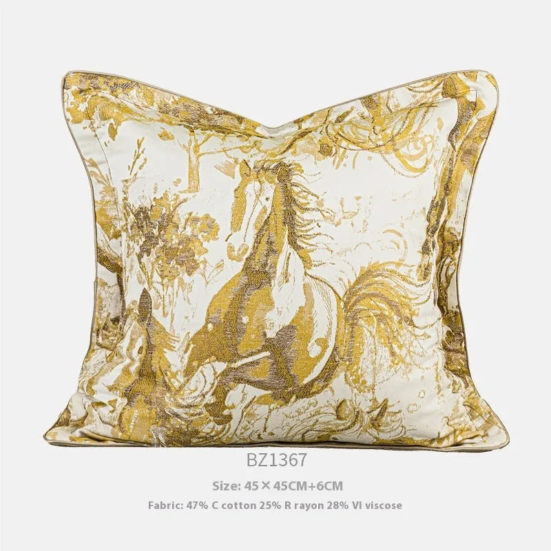 Close-up of a golden horse abstract design on a textured jacquard cushion cover in a choice of colours.