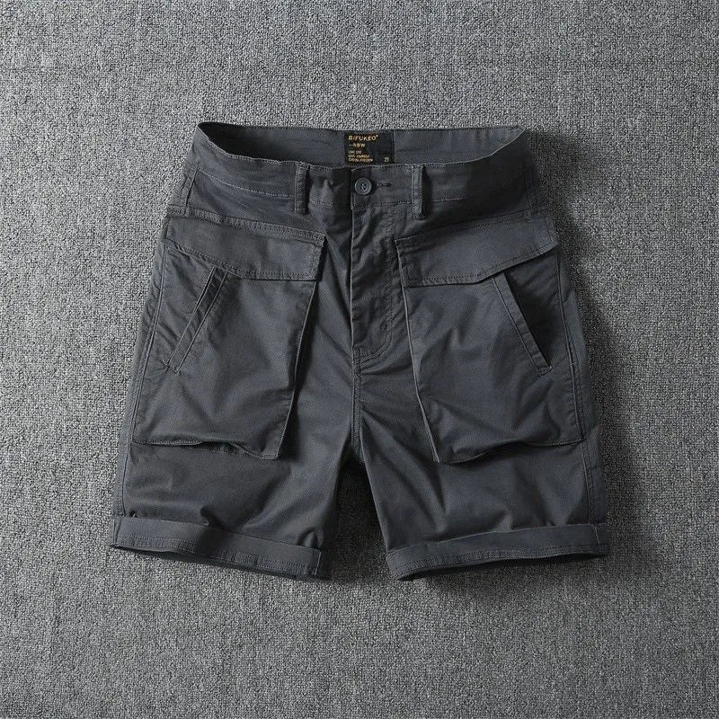 Men's straight-leg cotton cargo shorts in khaki with multiple pockets and stretch fabric.