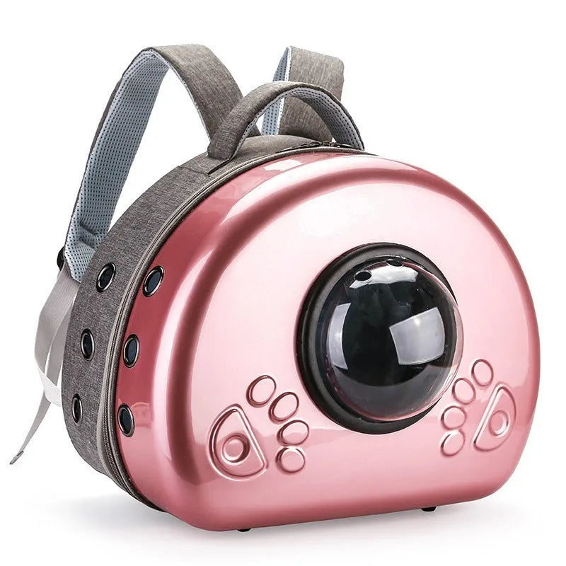 Transparent space capsule cat carrier bag in PC canvas material with rose gold cover