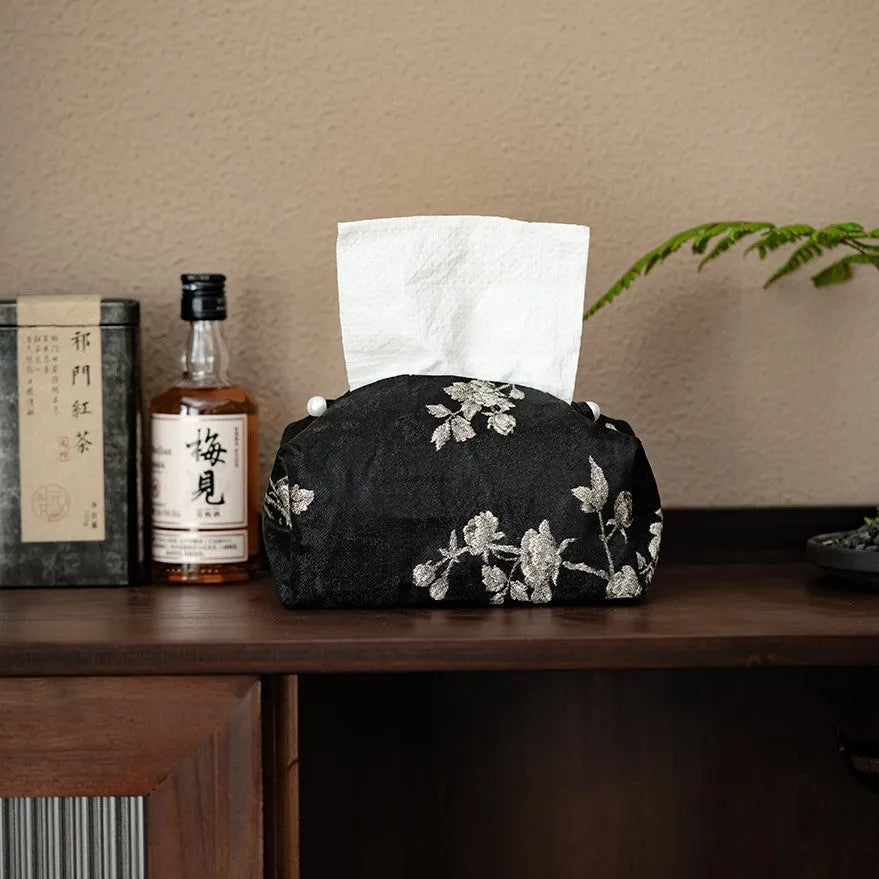 New Chinese style brocade fabric tissue box with embroidered white plum pattern and pearl buckle detail