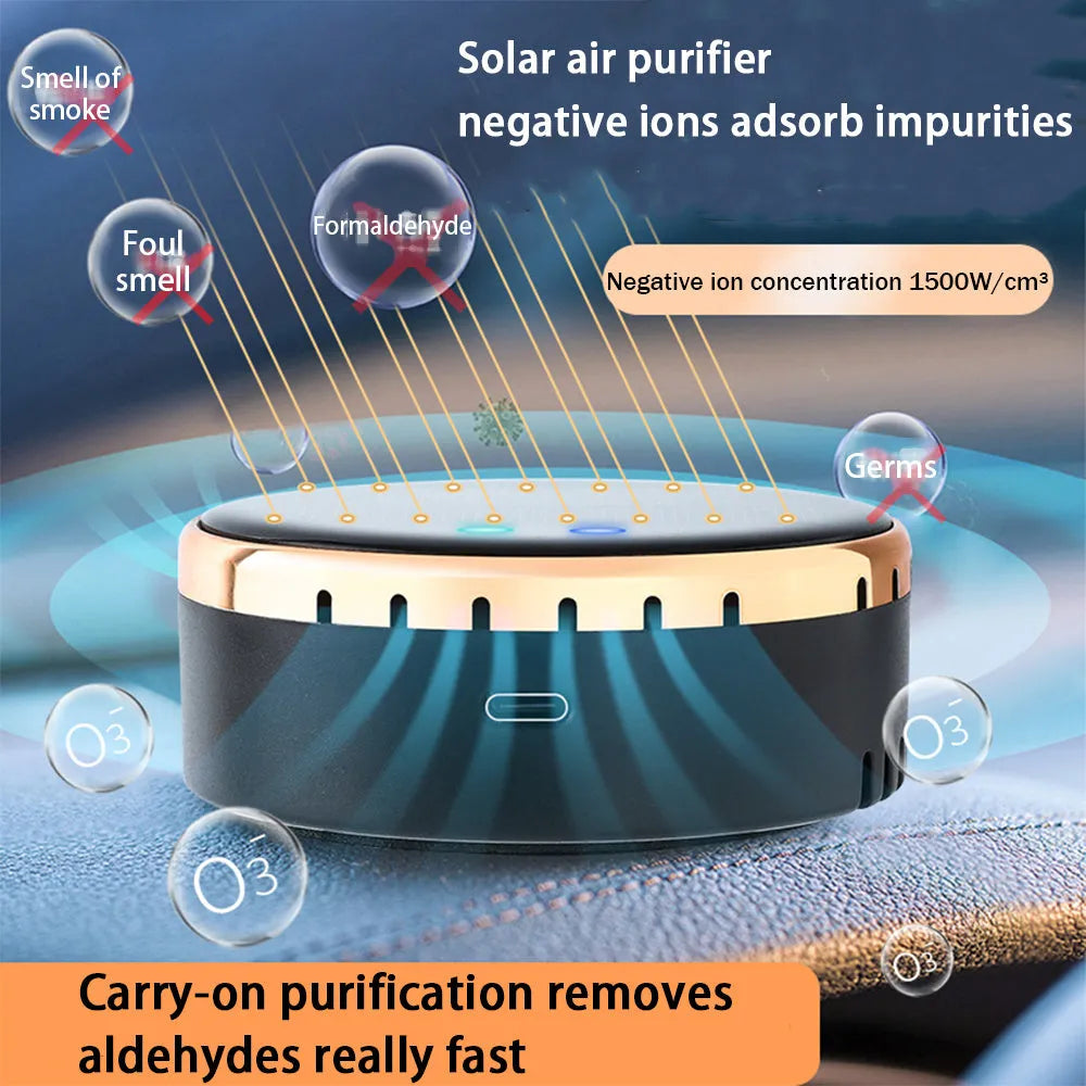 Car mounted solar air humidifier with solar panel, black colour, on vehicle vent