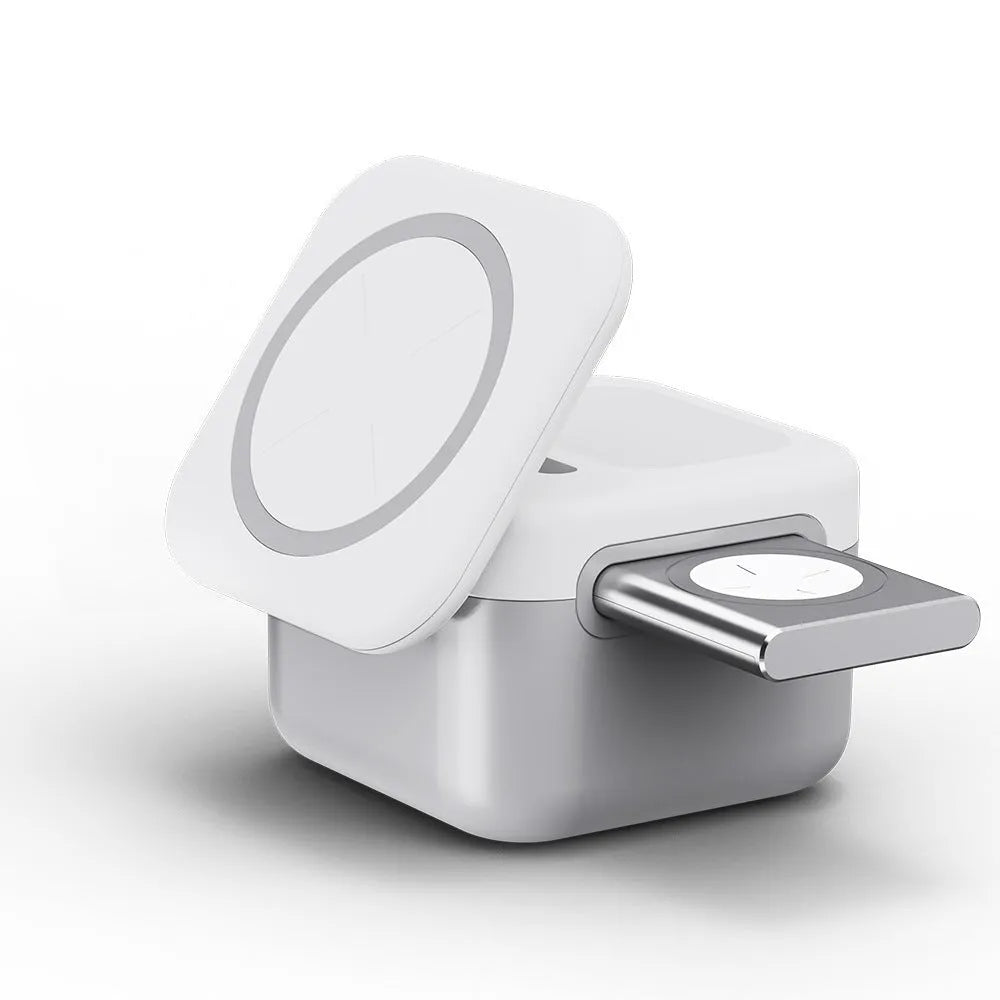 White 3-in-1 wireless charger with hidden removable storage panel for phone, earbuds, and watch