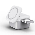 White 3-in-1 wireless charger with hidden removable storage panel for phone, earbuds, and watch