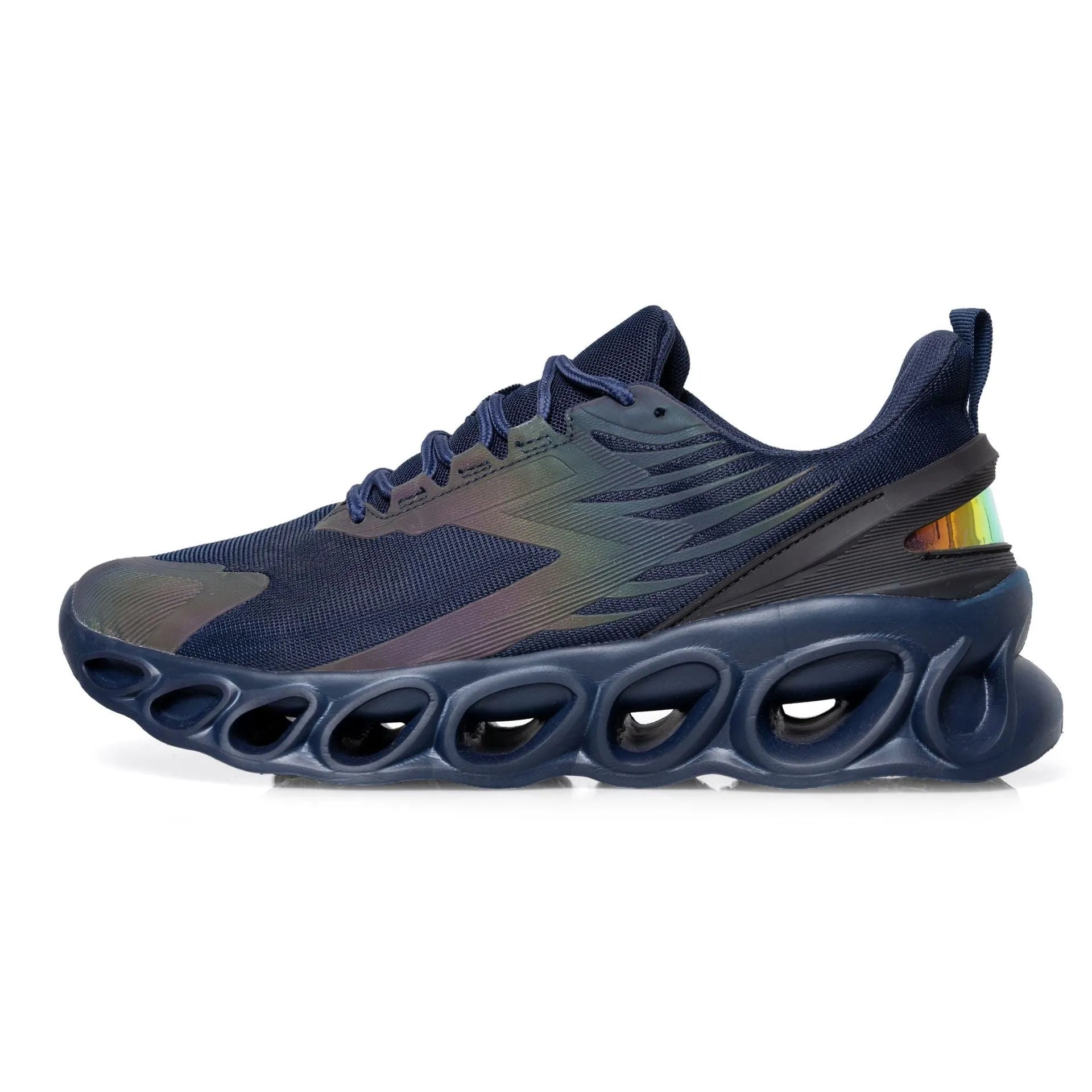 Men's casual mesh sports shoes in black, white, and dark blue colours with front lace-up closure