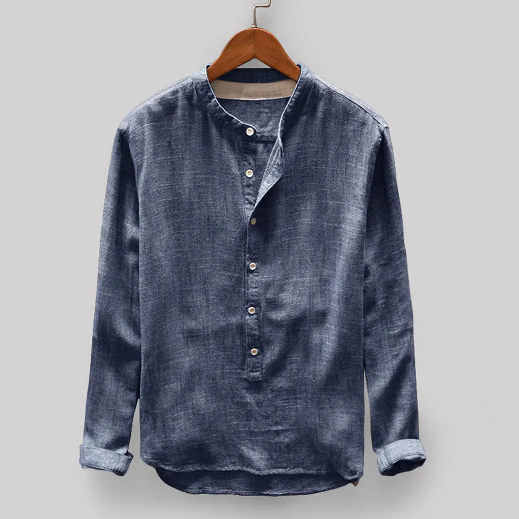 Men's solid colour casual cotton-linen shirt on a hanger, showing colour options of dark blue, grey, yellow, green, and khaki.