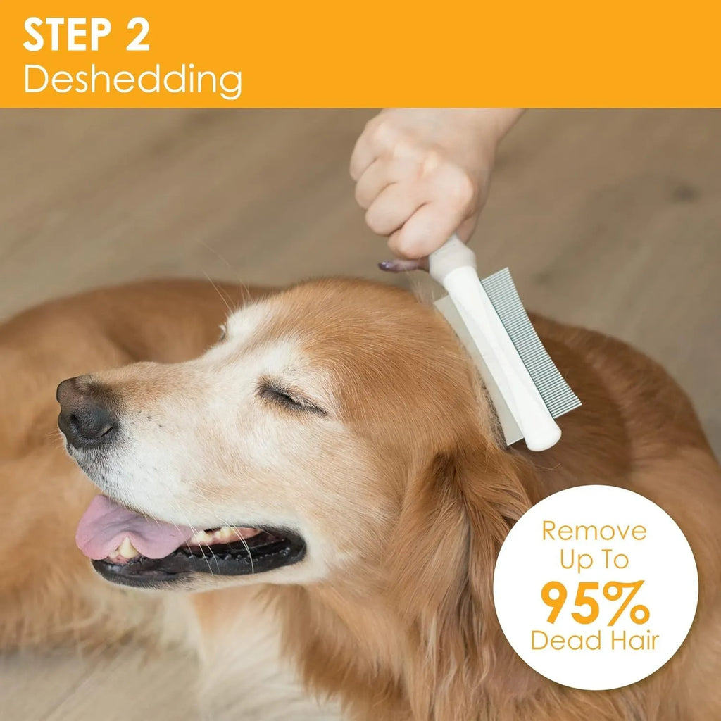 White double-sided dog and cat grooming brush showing curved comb and deshedding blade heads.