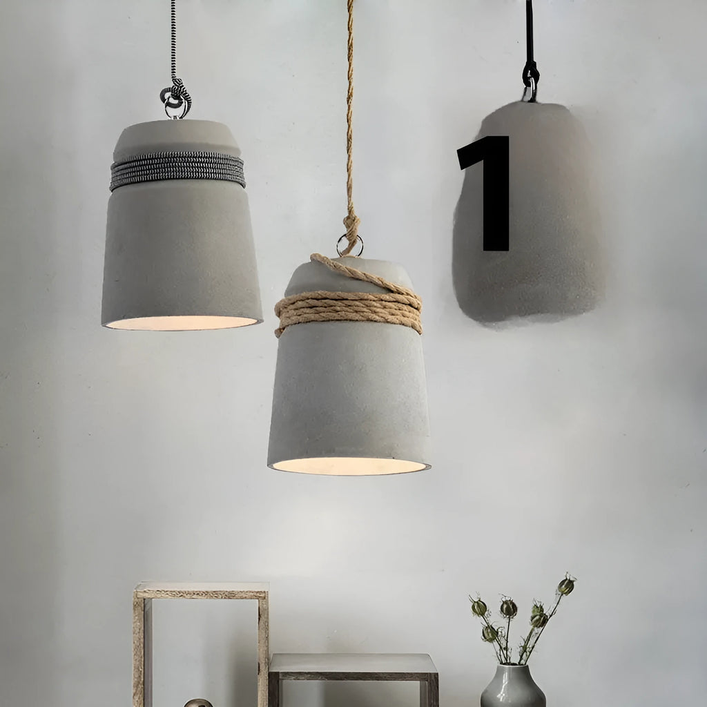 Retro industrial cement pendant lamp with antique shade and choice of black line, floral thread or hemp rope suspension.