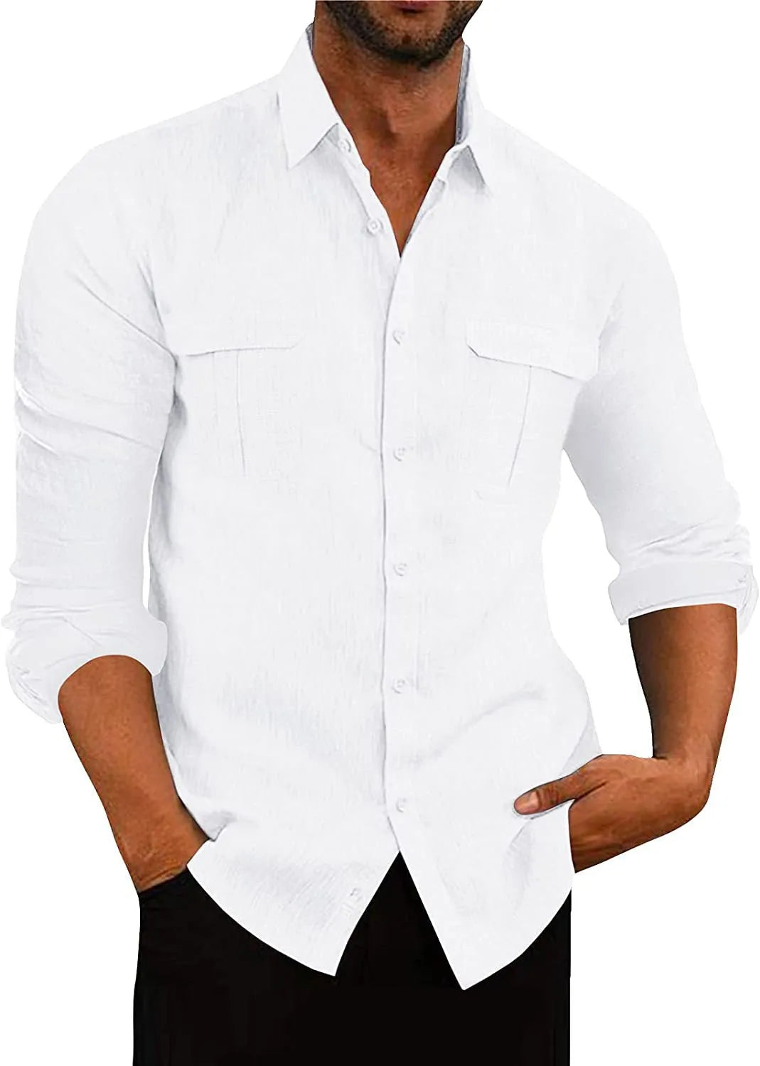 Men's double pocket cotton-linen pullover shirt in loose fit lapel collar style