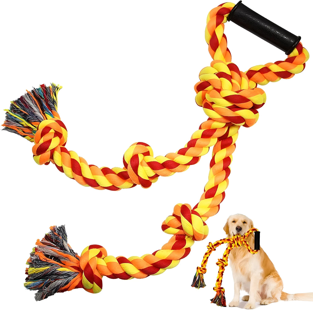 Blue and yellow woven cotton dog tug toy with ergonomic handle for large breed dogs.