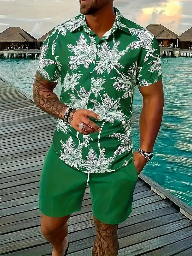 Men's 3D printed Hawaiian style short sleeve shirt and shorts set in polyester fabric.
