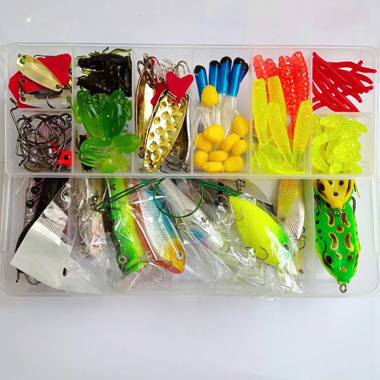 142-piece fishing lure kit with metal pliers and hard mino style lures