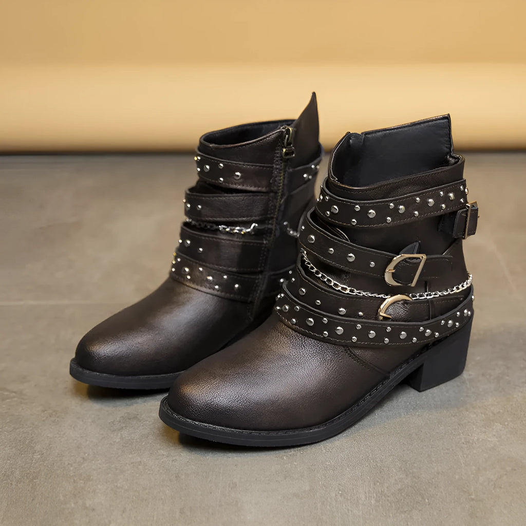 Women's Dr Martens punk rivet casual ankle boots in black with metal rivet detail and short heel
