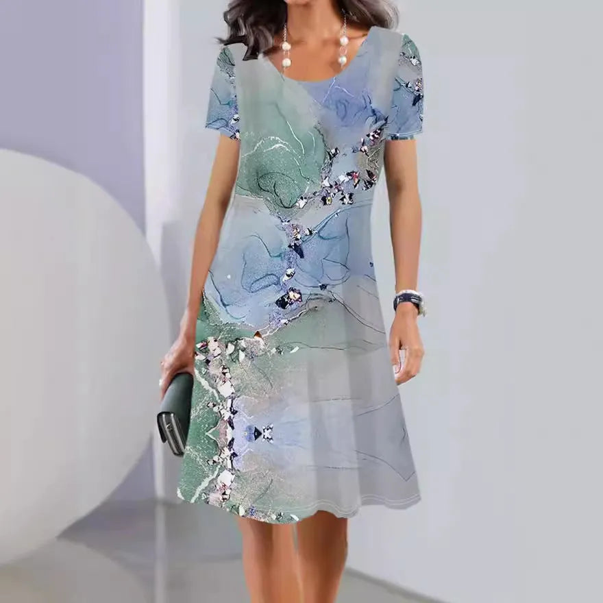 Women's ice silk dress with plants and flowers print, A-line skirt, short sleeves, round neck