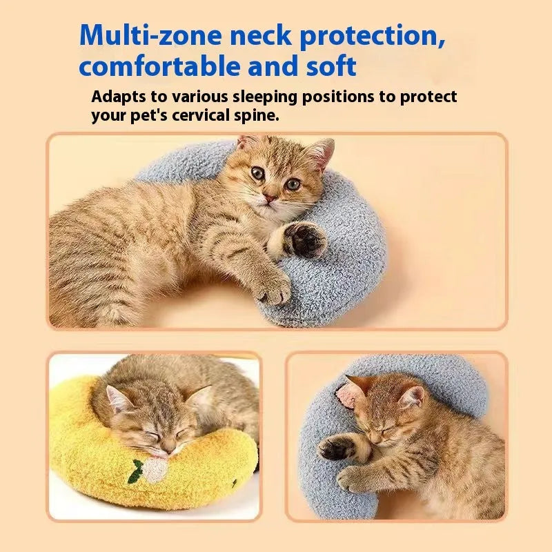 Cat sleeping mat U-shaped pillow in moon and question mark designs on blue, white and yellow cloth