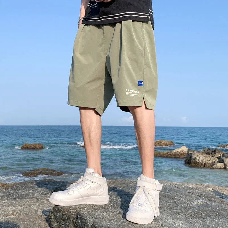 Men's ice silk quick-drying shorts in solid colour with straight tube cut and front tie closure