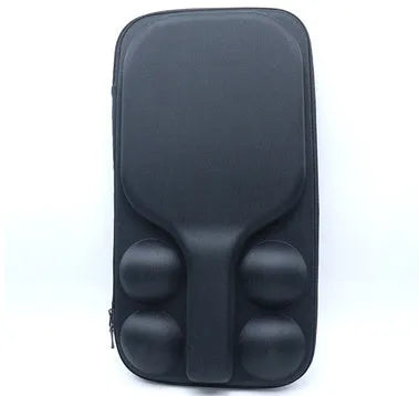 Black EVA pickleball storage bag with shoulder straps, shown holding a paddle and balls.