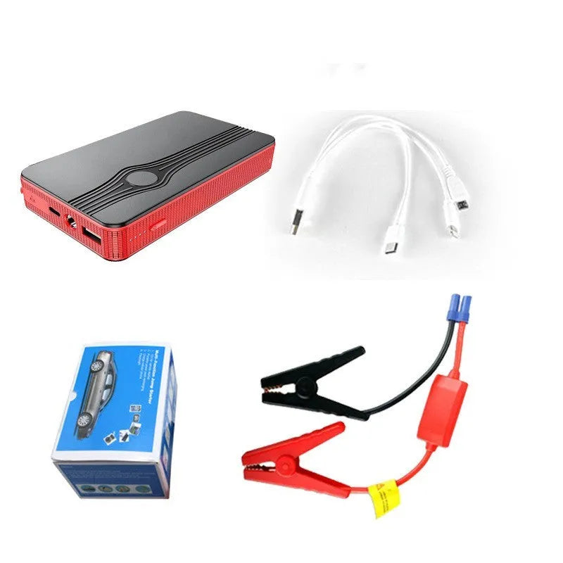 Red K4-E portable car jump starter and power bank with data cable, showing compact size for vehicle glovebox storage.