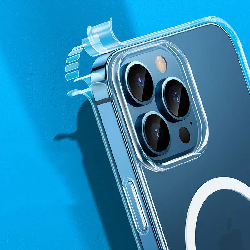 Transparent MagSafe compatible iPhone 13 protective case showing magnetic connectors and airbag anti-fall design