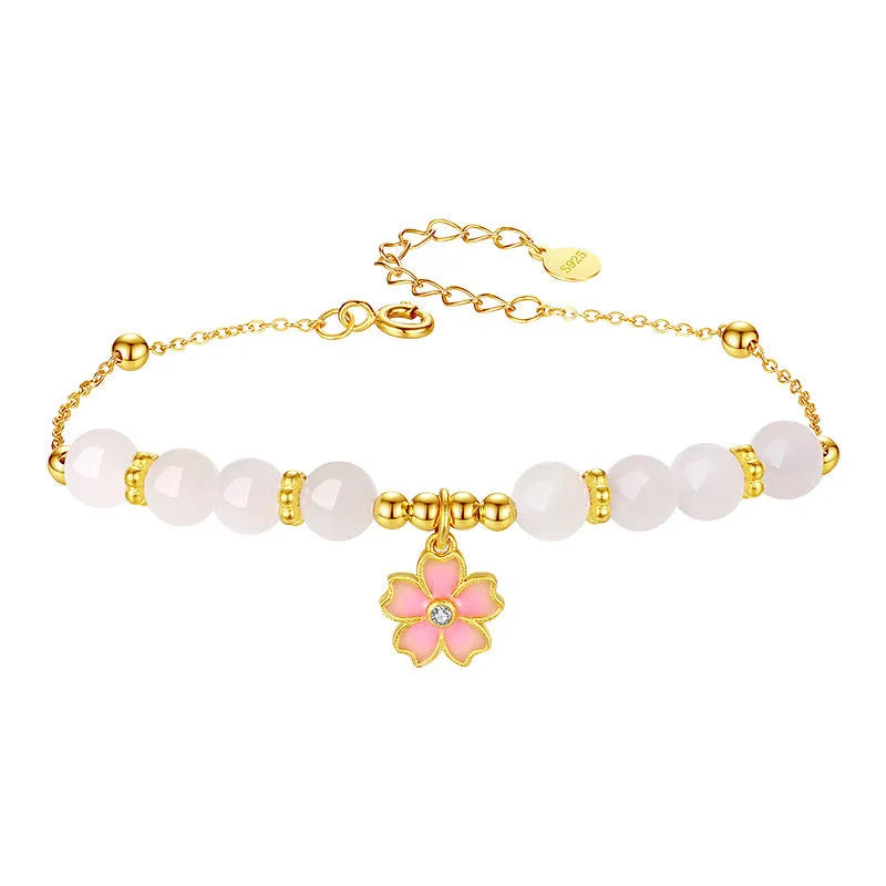 S925 sterling silver cherry blossom pendant with gradient pink epoxy on Hetian jade beaded bracelet