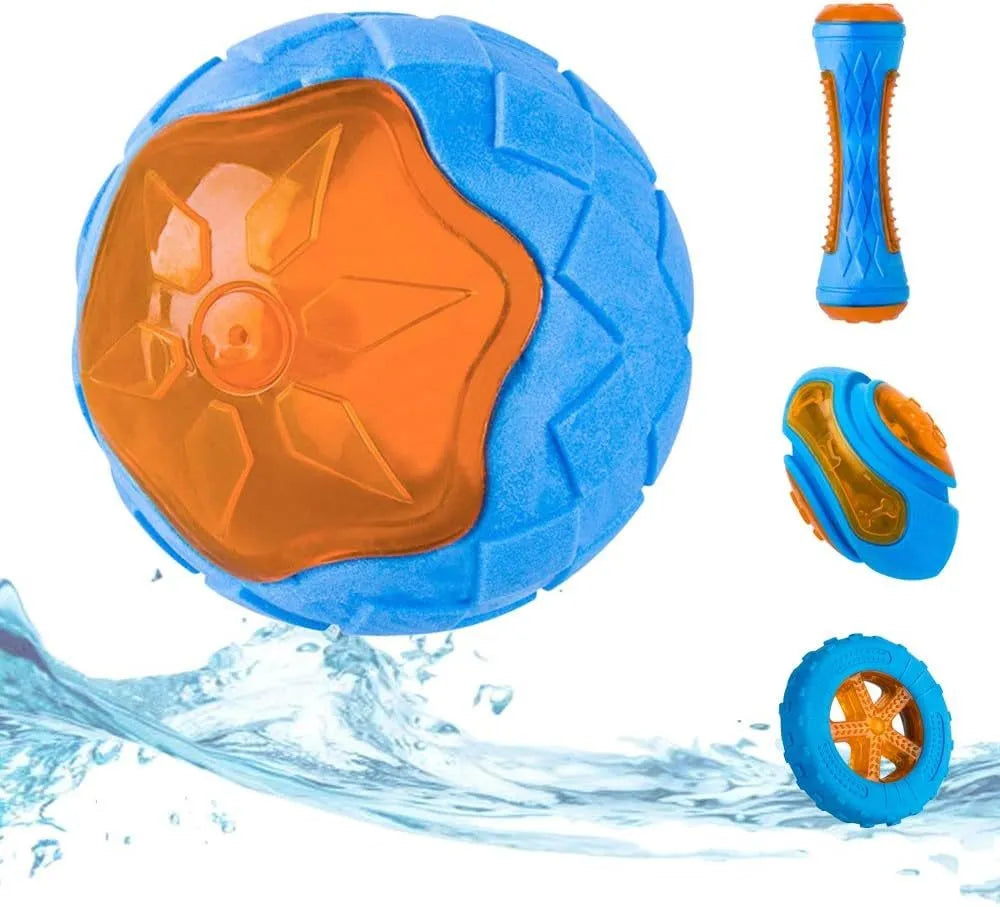 Three floating TPR dog toys: a squeaky ball, barbell, and tyres for water and land play.