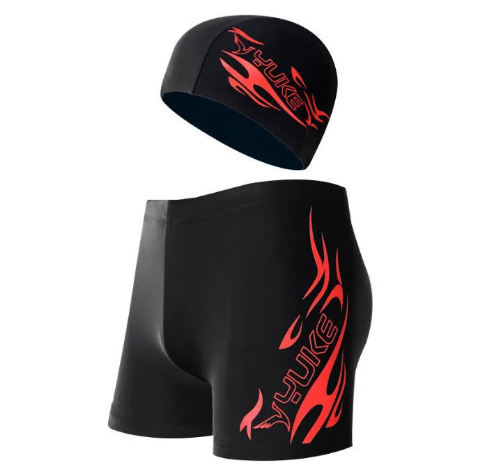 Men's plus size boxer swimming trunks with matching cap in Blue Fire design