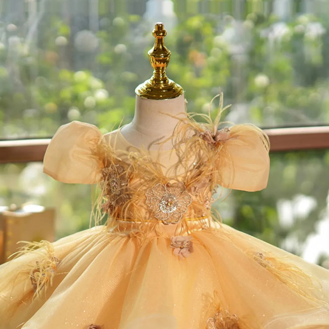 Girls princess dress in Champagne Gold with sequins and flower pettiskirt