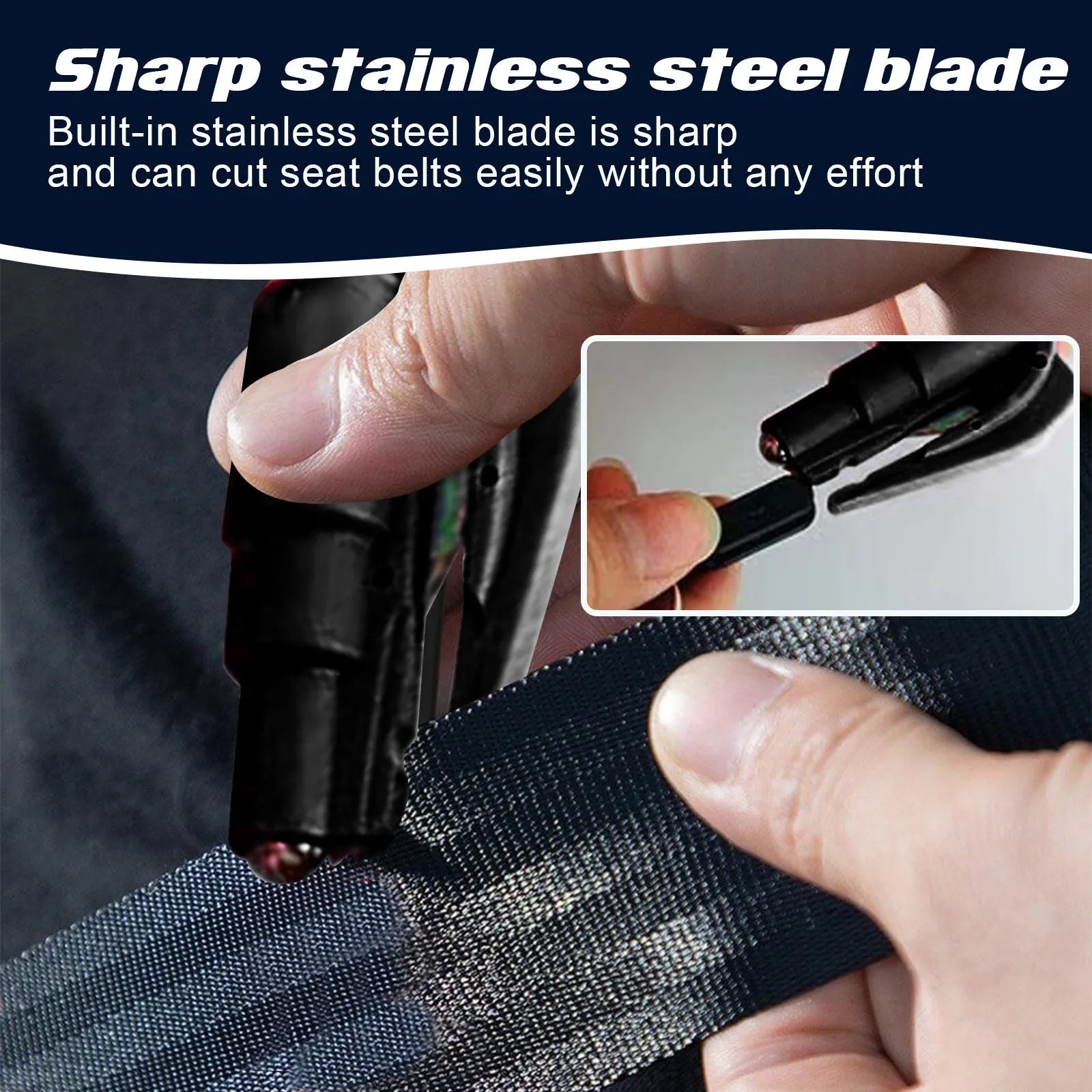 Compact car emergency hammer with window breaker and seatbelt cutter measuring 3.5 by 7.5 centimetres