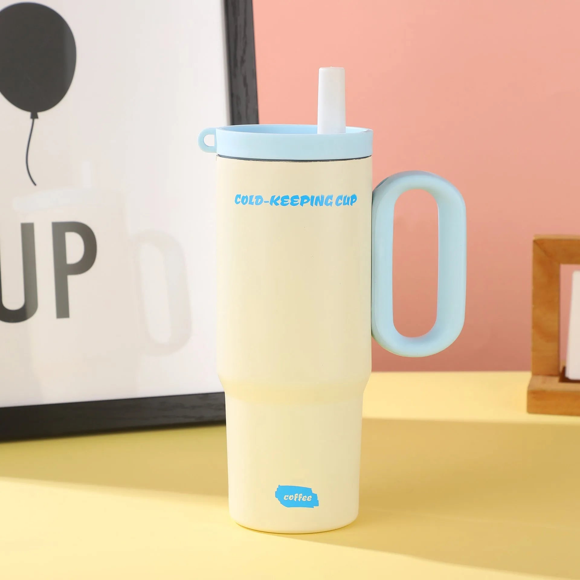 Large capacity portable insulated straw cup with handle in multiple colour options