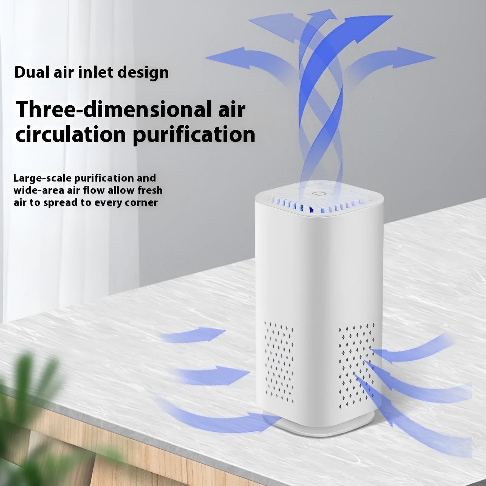 Compact USB air purifier in black or white for car and small space use