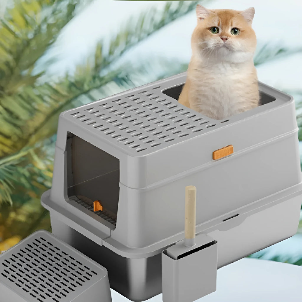 Large grey enclosed stainless steel cat litter box with pedal entry system