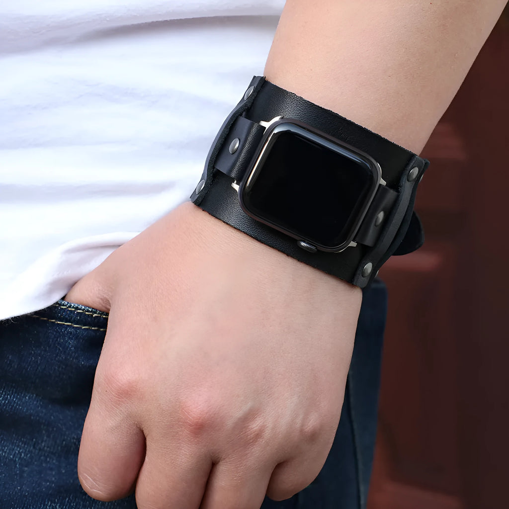 Punk style genuine cowhide leather watch strap in black, fitting 38/40mm watch lugs