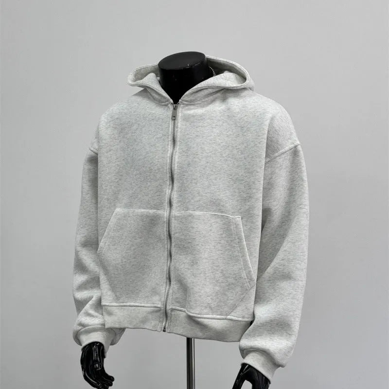 Men's light grey hooded sweatshirt with a schoolbag graphic printed on the back.