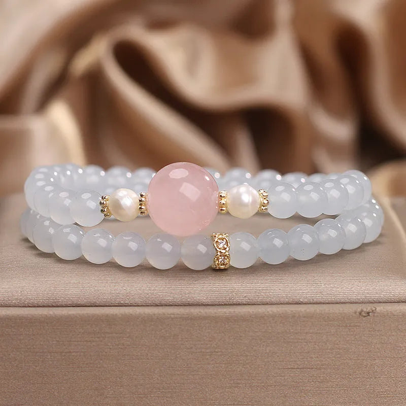 Natural aquamarine double ring bracelet polished finish light luxury minority style women