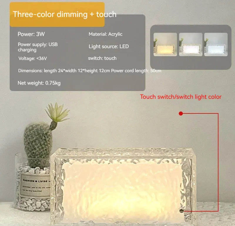 Geometric ice cube shaped acrylic night lamp with colour changing lights on wooden surface