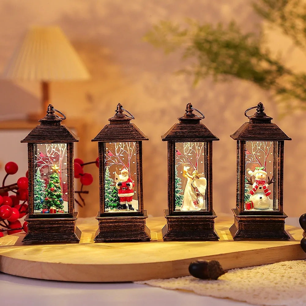 Christmas portable oil lamp with Santa Claus and Christmas tree design, plastic, battery powered, hanging lantern