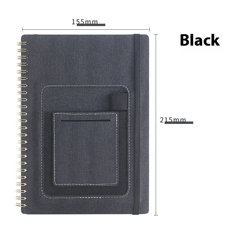 Erasable reusable coil notebook with rock stone paper, shown with a pen and cleaning cloth on a customisable cover.